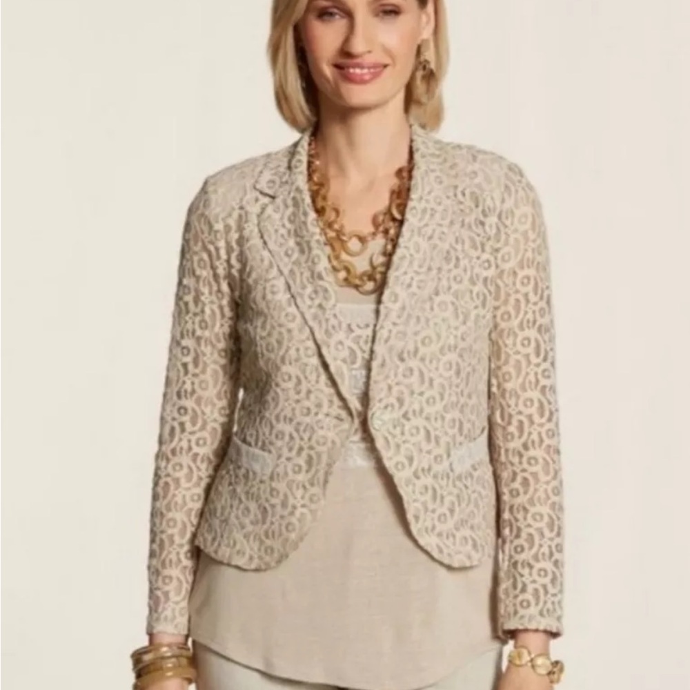 Chico's Size 3 Cream‎ Cropped Blazer Lace Sequin Jacket Formal Chicos Size XL